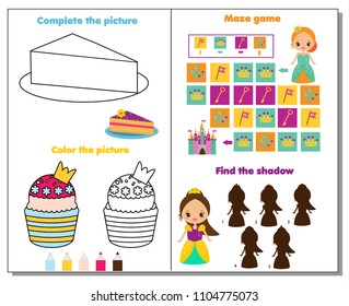 Princess theme activity page for kids. Educational game set for children. Fun for toddlers and pre school age