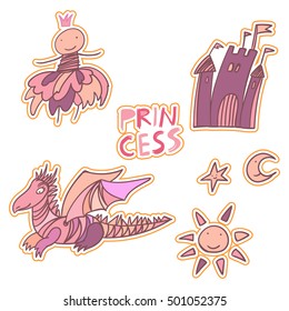 Princess theme cute doodle simple illustration set.