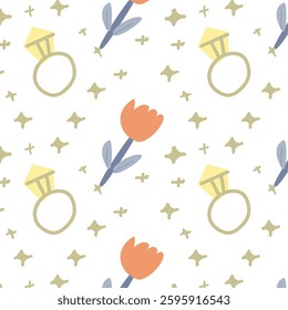 Princess themed seamless pattern with rings and flowers for crafting and decor.
