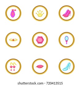 Princess thing icons set. Cartoon style set of 9 princess thing vector icons for web design