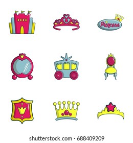Princess things icons set. Flat set of 9 princess things vector icons for web isolated on white background