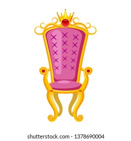 Princess throne, adorned with diamonds, crown, precious stones. Fairy tale, myth, legend, medieval culture of Europe, armchair. Vector, illustration, cartoon style, isolated