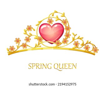 Princess Tiara With Floral Ornament Vector Illustration. Queen Golden Crown With Heart Shaped Jem Icon Isolated On White Background. Prom Diadem Cartoon Clip Art