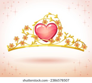 Princess tiara with floral ornament vector illustration. Queen golden crown with heart shaped gem icon isolated on white background. Prom diadem cartoon clip art