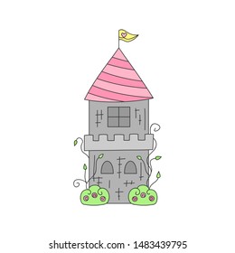 Princess tower cute vector illustration. Hand drawn isolated outlined tower house icon, sticker with wild rose, climbing bush.