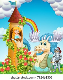Princess in tower with knight and dragon illustration