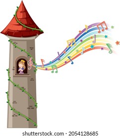 Princess in tower with melody symbol on rainbow illustration