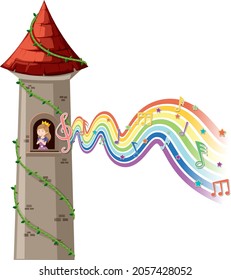 Princess in tower with melody symbol on rainbow wave illustration