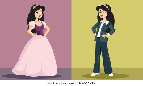 
Princess Transforming Herself into an Independent Business Woman Vector Illustration. Woman empowered and emancipated choosing modern lifestyle
