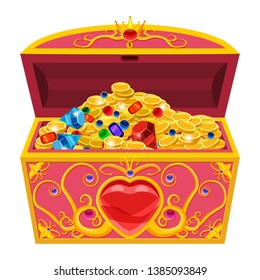 Princess treasure chest, decorated with diamonds and gold. Jewels, coins, precious stones. Vector, illustration, cartoon style, isolated