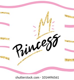 Princess t-shirt background with glitter crown in girlish style for modern apparel. Vector print design