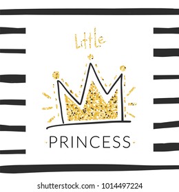 Princess t-shirt background with glitter crown in girlish style for modern apparel. Vector print design