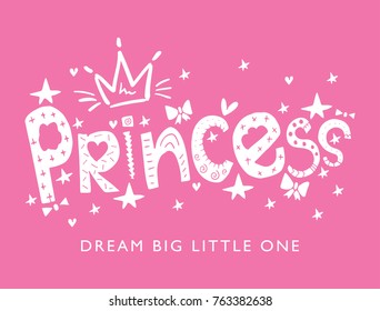 Princess typography and crown on pink background / Vector illustration design / Textile graphic t shirt print