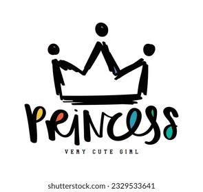 Tipografía y corona de princesa. Diseño de ilustraciones vectoriales para gráficos de moda, camisetas, impresiones, afiches, regalos.