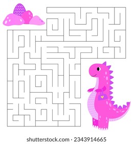 Princess tyrannosaurus maze game for kids. Cute pink dinosaur looking for a way to the dinosaur egg. Printable worksheet with solution for school and preschool.