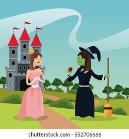 princess with ugly witch giving apple castle and landscape