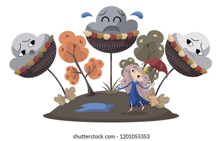 Princess with an umbrella on a meadow with leaves, mushrooms and sad clouds in nests on a white background. Flat cartoon style vector illustration.