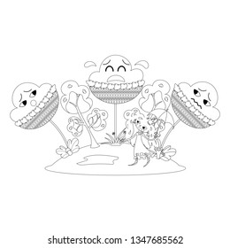 Princess with an umbrella on a meadow with leaves, mushrooms and sad clouds in nests. Black and white sketch, element for a colouring book. Cartoon style vector illustration.