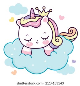 Princess unicorn cartoon sleep on cloud sweet dream: Series fairy girl child pony kawaii animal character (flat Girly doodles). Perfect Nursery children, kids, greeting card, baby shower girl.