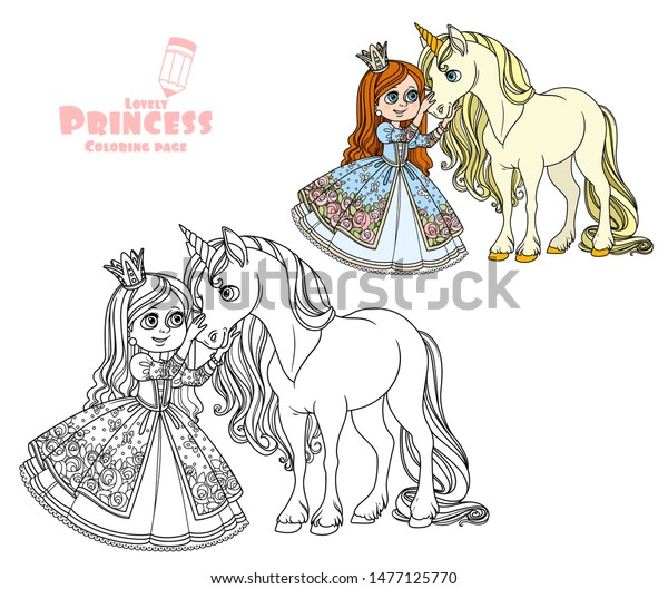 Princess Unicorn Color Outlined Picture Coloring Stock Vector