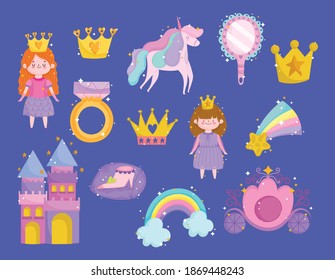princess unicorn crown rainbow star mirror ring castle cartoon icons vector illustration