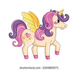 Princess unicorn icon. Fictional character, horse with wings, animal from fairy tales. Sticker for social networks. Graphic element for printing on childrens clothing. Cartoon flat vector illustration