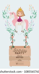 princess with unicorn and label wooden invitation card