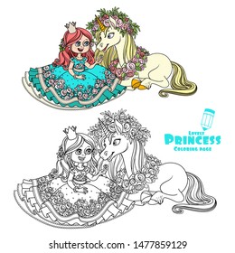 Princess with unicorn in a magnificent wreath of roses color and outlined picture for coloring book on white background