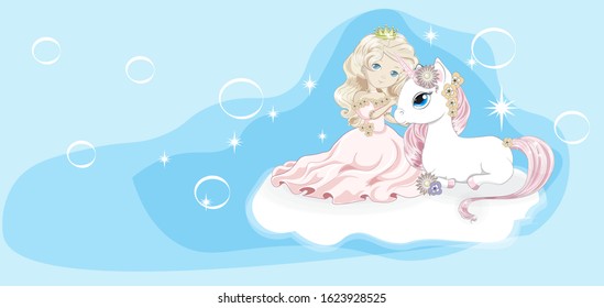 princess and unicorn on cloud in sky with bubbles. Picture in hand drawing cartoon style, for t-shirt wear fashion print design, greeting card, postcard. baby shower. party invitation.
