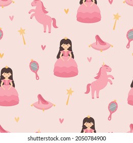 A princess with a unicorn. Seamless nursery pattern. Princess accessories: magic wand, crown, mirror, slipper. Vector illustration