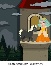 Princess and unicorn in the tower illustration