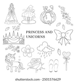 PRINCESS + UNICORNS Line art Elements hand drawn elements doodles pack.