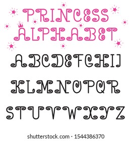 Princess vector alphabet font. Cute with curls English letters. For girls, for children, for mothers, for cards, albums,