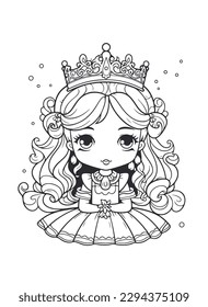 Princess vector coloring book black and white for adults isolated line art on white background.