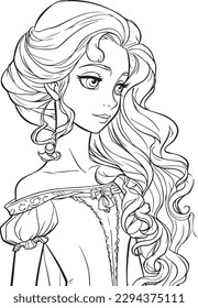 Princess vector coloring book black and white for adults isolated line art on white background.