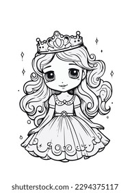 Princess vector coloring book black and white for adults isolated line art on white background.