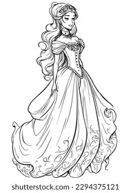 Princess vector coloring book black and white for adults isolated line art on white background.
