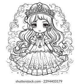 Princess vector coloring book black and white for adults isolated line art on white background.