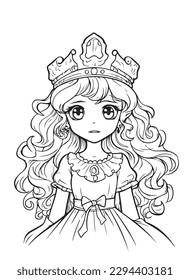 Princess vector coloring book black and white for adults isolated line art on white background.