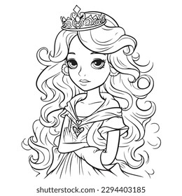 Princess vector coloring book black and white for adults isolated line art on white background.