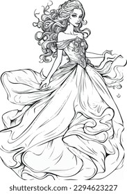 Princess vector coloring book black and white for adults isolated line art on white background.