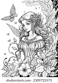 Princess vector coloring book black and white for kids and adults isolated line art on white background.