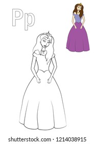 Princess vector coloring book page for word starting with letter P