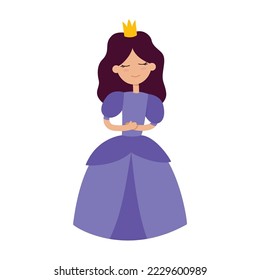 Princess vector illustration. Cute cartoonish character - young girl wearing purple dress and crown. Fairy tale, myth concepts.  Print for kids products, textile, party posters.