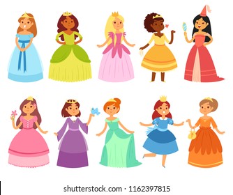 Princess vector little girl character in beautiful girlish dress with crown illustration fairy set of cartoon person and pretty kid dressing girlie costume isolated on white background