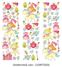 Princess vector patterns. Cute little princess with unicorn and dragon. Castle for little girl, dress, magic wand. Fairy tale icons with crown and frog. Fantasy illustrations