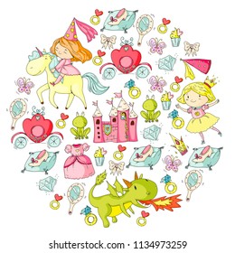 Princess vector patterns. Cute little princess with unicorn and dragon. Castle for little girl, dress, magic wand. Fairy tale icons with crown and frog. Fantasy illustrations