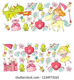 Princess vector patterns. Cute little princess with unicorn and dragon. Castle for little girl, dress, magic wand. Fairy tale icons with crown and frog. Fantasy illustrations