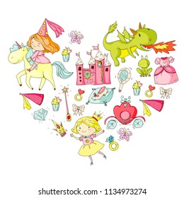 Princess vector patterns. Cute little princess with unicorn and dragon. Castle for little girl, dress, magic wand. Fairy tale icons with crown and frog. Fantasy illustrations