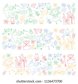 Princess vector patterns. Cute little princess with unicorn and dragon. Castle for little girl, dress, magic wand. Fairy tale icons with crown and frog. Fantasy illustration